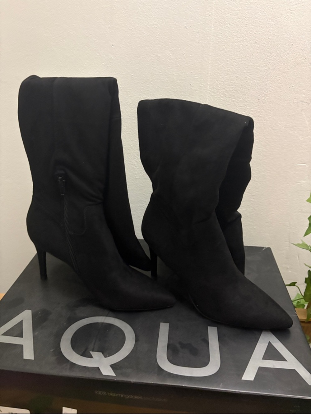 Aqua Black Pointed-Toe Mid-Calf Heeled Boots